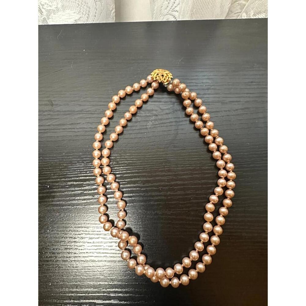 Vintage Double Strand Champagne Faux Pearl Necklace & Bracelet